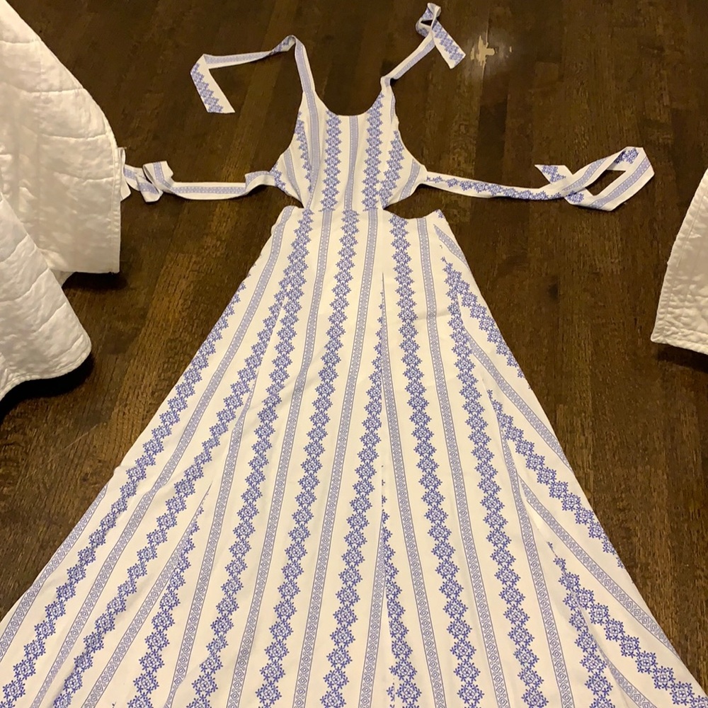 Halter, backless maxi dress with blue stitching
